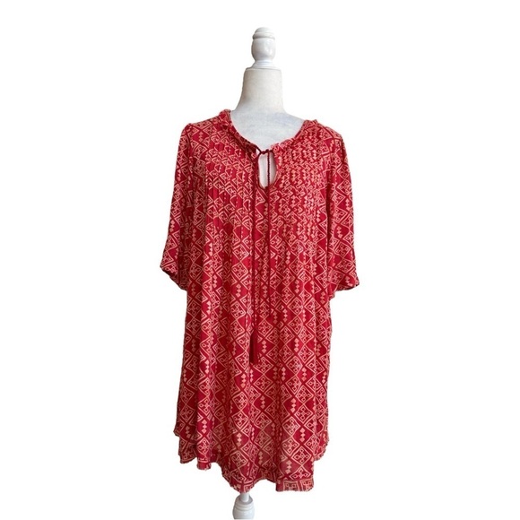 We The Free Red Ivory Batik Print Half Sleeve Tunic Dress Womens Size S Bohemian - Picture 1 of 12